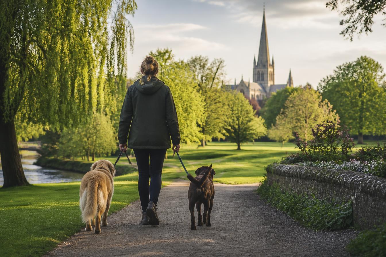 A professional dog walker with two dogs in a Norwich park
